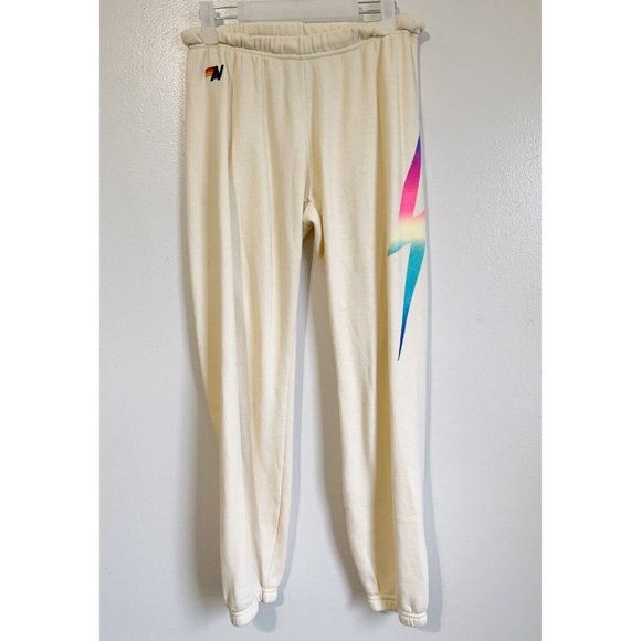 Aviator Nation Pants - Aviator Nation Bolt Sweatpants Off White Size Medium Rainbow Drawstring Joggers